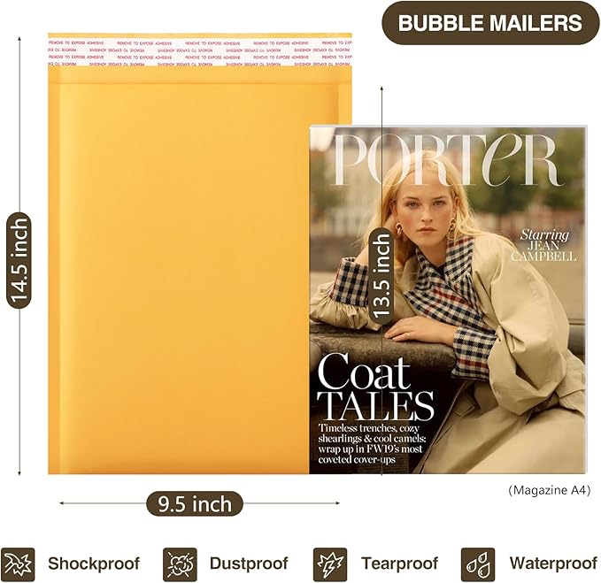 UCGOU Kraft Bubble Mailers 9.5x14.5 Inch 25 Pack Usable Size 9.5x13.5 Yellow Padded Envelopes #4 Large Mailing Package Self Sealing Tear Resistant Boutique Bulk Mail Shipping Bag for Makeup Supplies