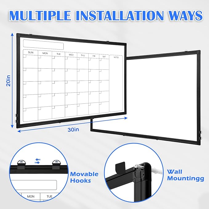 Monthly Calendar Dry Erase Whiteboard, 30" x 20" Magnetic Calendar White Board, Double-Sided Portable Board with Black Aluminium Frame for Office, Kitchen, School, Home