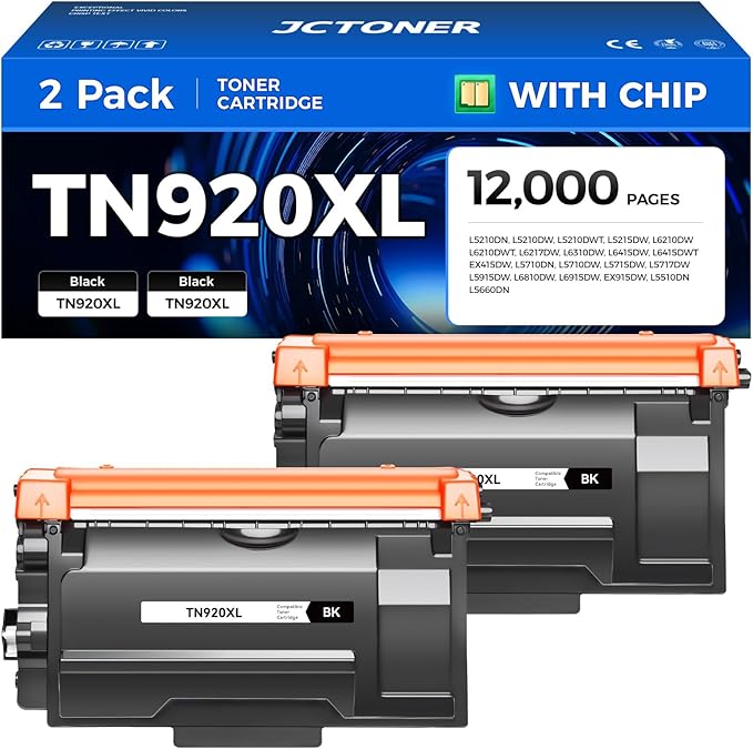 TN920XL Black Toner Cartridge 2-Pack High Yield Compatible for Brother TN920 TN-920XL TN920XXL HL-L6210DW HL-L6210DWT HL-L5210DN HL-L5210DW HL-L5210DWT HL-L6310DW MFC-L5710DW DCP-L5510DN Printer Ink