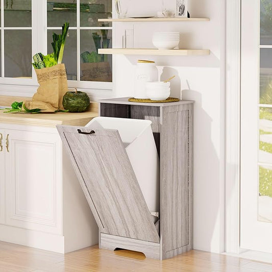 Tilt Out Trash Can Cabinet, Wooden Dog Proof Trash Can Cabinet Laundry Hamper, Hidden Large Recycling Bins for Kitchen, Living Room, Bathroom, Wash Grey