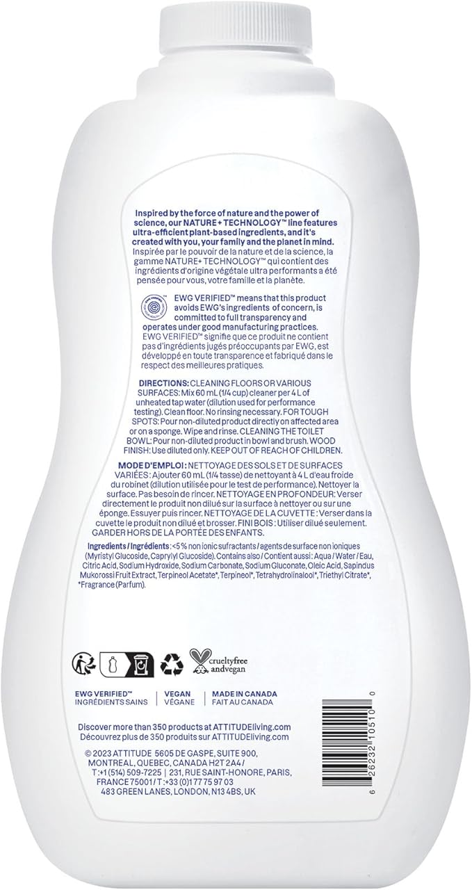 ATTITUDE Floor Cleaner, EWG Verified, Streak-Free, Vegan & Plant-Based for Tile, Wood & Laminate Floors, Citrus Zest Scent, 35.2 Fl Oz