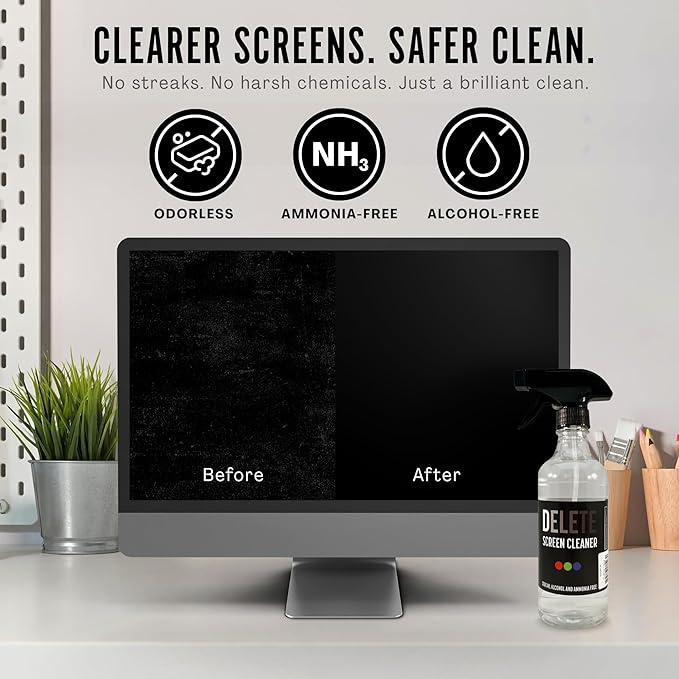 Delete Screen Cleaner Spray Kit, 16oz Bottle and 12"x12" Microfiber Cleaning Cloth, Streak-Free, Safe and Gentle Formula, Multi-Purpose for Devices, Large TVs, Computers, Monitors, Smart Phones