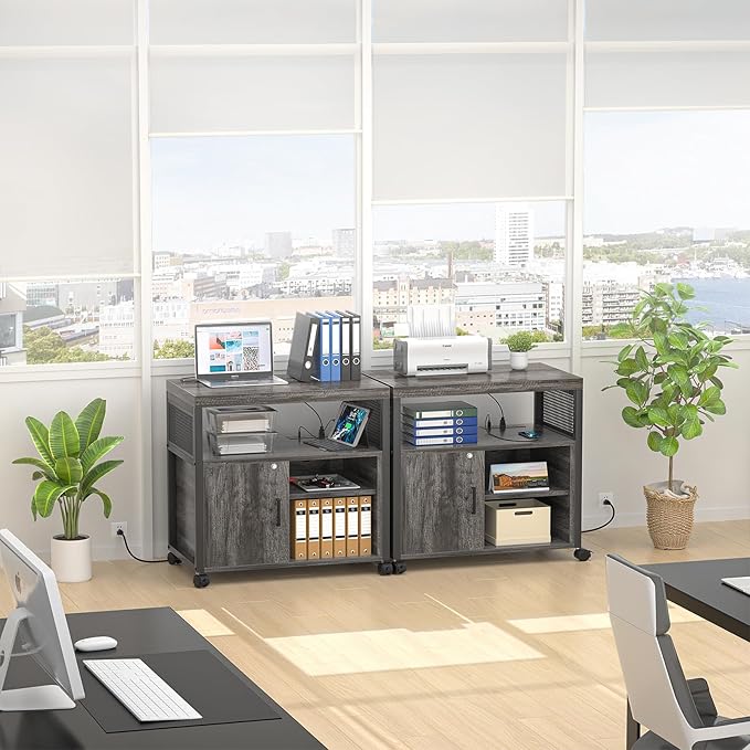 Unikito Rolling File Cabinet Lateral Office Filing Cabinets with Socket and USB Charging Port, Modern Printer Stand on Wheels Printer Cabinet with Door and Open Storage, Lockable, Black Oak