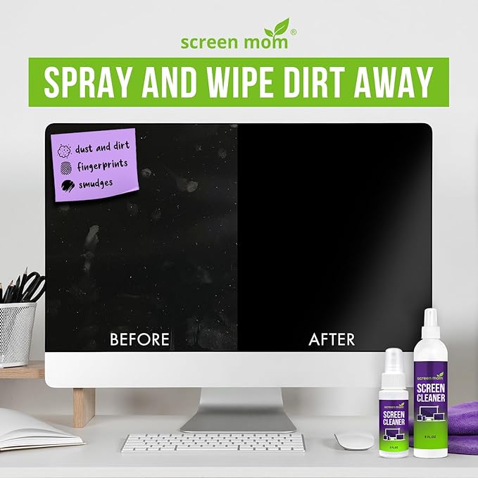 Screen Cleaner Spray and 4 Microfiber Cloths Bundle 8oz & 2oz, by Screen Mom, Eyeglasses or Monitor Screen Cleaner Spray and Wipe, Electronic Cleaner Spray, Car Screen Cleaning Kit