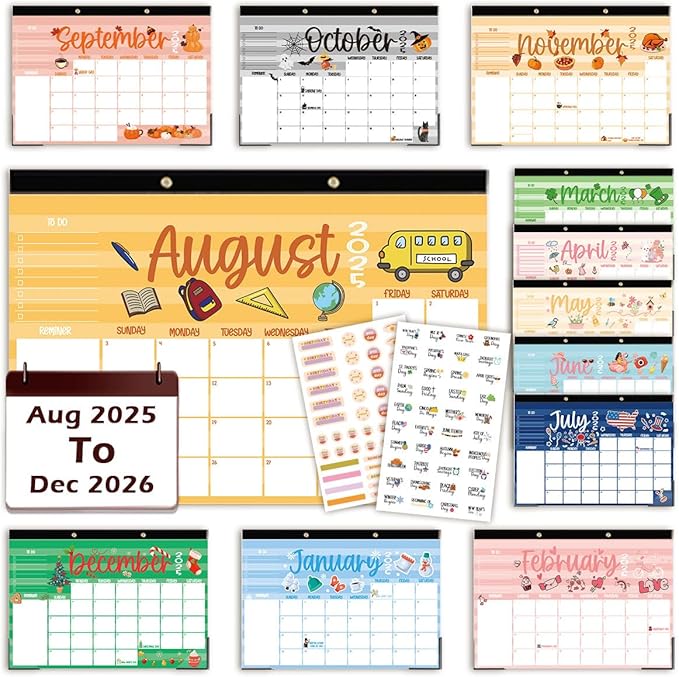 Large Doodle Teacher Desk Calendar 2025-2026 25-26 Teacher planner 17-Month 2025-2026 Desk Desktop Holiday Monthly classroom Calendar 2025 August 2025-December 2026 with Holiday Planner Stickers