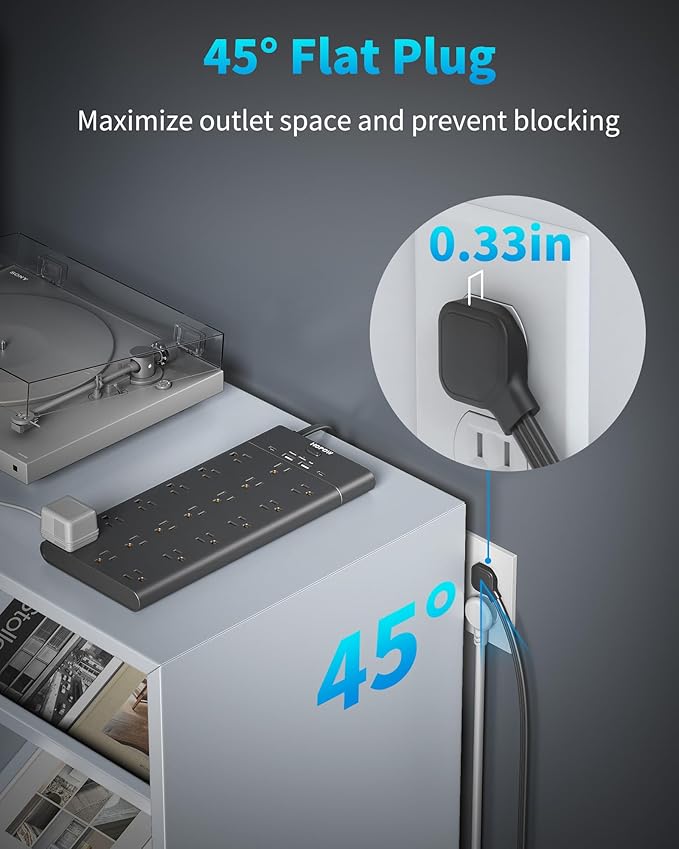 Flat Plug Power Strip, Surge Protector with 19 Outlets and 4 USB Ports, HOPOW 6 Ft Heavy Duty Extension Cord, 1875W, 2100J Surge Protection, Wall Mount for Home, Office, Gaming Room, Dorm, Black