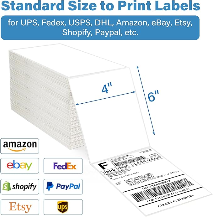 LotFancy 4x6 Thermal Labels, 500 Shipping Labels with Perforation, Permanent Adhesive, White Mailing Label Stickers, Compatible with Rollo, Zebra Thermal Printers