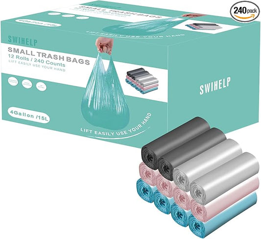 Small Trash Bags 240 Count Garbage Bags SWIHELP Waste Basket Liners for Bathroom, Kitchen,Bedroom, Office Pet Car 15 Liter Trash Can 4 Gallon