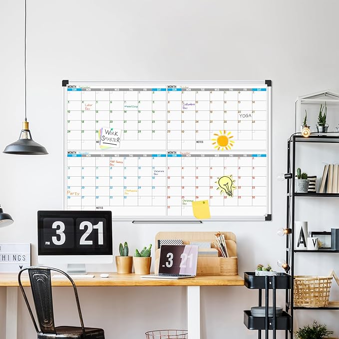 XBoard Magnetic Calendar Whiteboard 36" x 24", 4 Months Calendar Dry Erase Board, Silver Aluminium Framed White Board Planner for Home School Office Organization