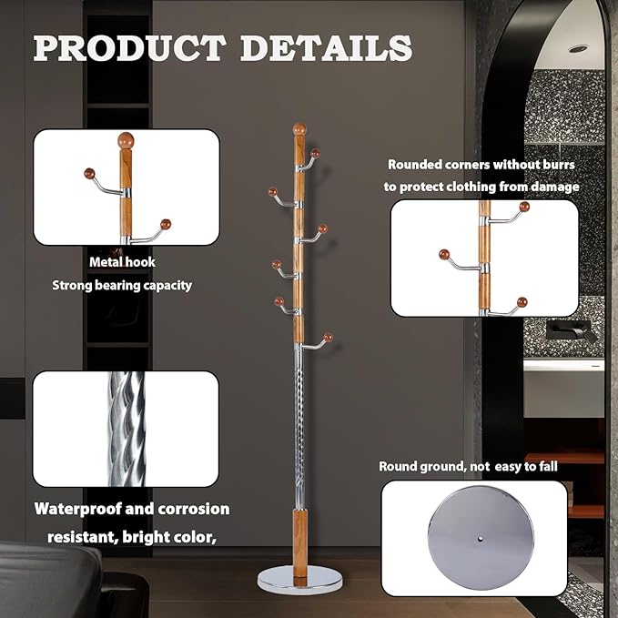 Coat Racks FreeStanding with 14 Hooks, Natural Wood Coat Rack with Solid Round Base, Adjustable Height Coat Racks, Easy Assembly for Hallway, Bedroom and Office (Solid Wood Metal Hook)