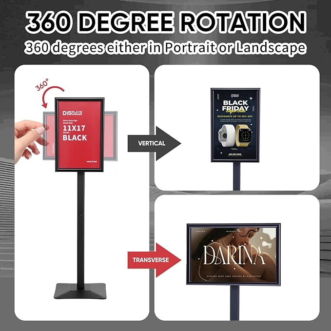 DISPLAYSWORKER Adjustable Heavy Duty Pedestal Sign holder floor Stand,sign stand poster stand Aluminum Snap Open Frame,Standing Floor for 8.5x 11 inch,Vertical/Horizontal View,Black