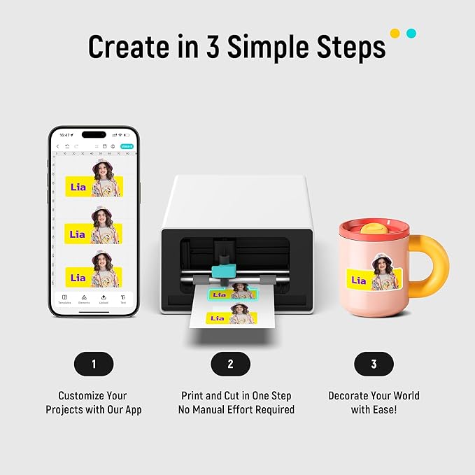 Liene PixCut S1 Photo Sticker Printer Creator Plus Pack - All-in-One Sticker Maker Machine for DIY Crafts, Custom Labels & Gifts, Thermal Dye-Sublimation, 300 DPI Prints, Precise AI Auto-Cutting
