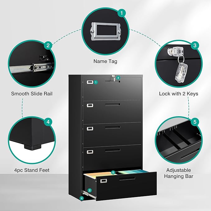 SISESOL 5 Drawer Lateral File Cabinet with Lock,Black Lateral Filing Cabinet,Horizontal Metal Filing Cabinets,Large Locked Wide Five Drawer File Cabinets for Office Home,Fit A4/F4/Letter/Legal File