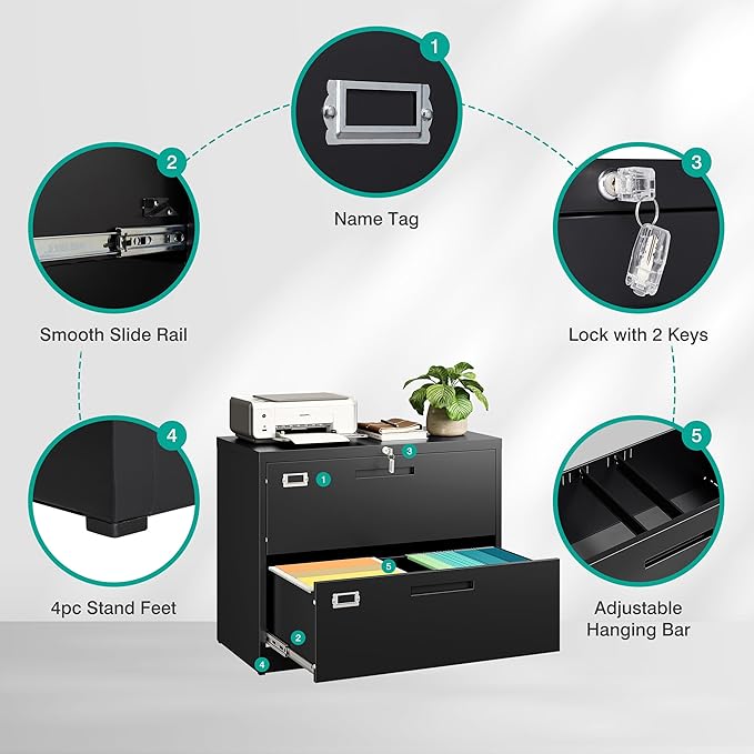 SISESOL 2 Drawer Lateral File Cabinet with Lock,Black Lateral Filing Cabinet,Horizontal Metal Filing Cabinet,Locked Wide Two Drawer File Cabinet for Office Home,Fit A4/F4/Letter/Legal File