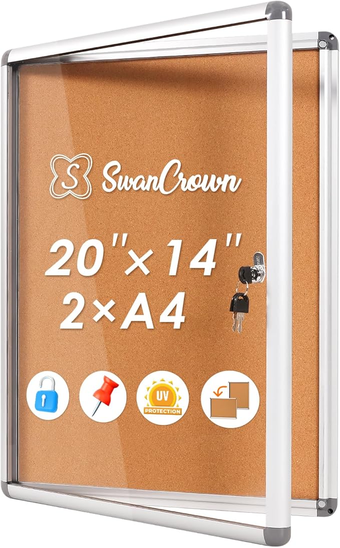 SWANCROWN Enclosed Bulletin Board,Lockable Cork Noticeboard for School Office,Wall Display Case with Lock 20"x14"(2xA4)