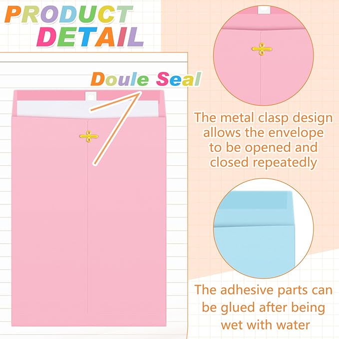 Geyee 100 Pcs Clasp Manilla Envelopes 10 x 13 Inch Gummed Colored Envelopes for Storing or Mailing for Home Office Business Supplies(Multicolor)