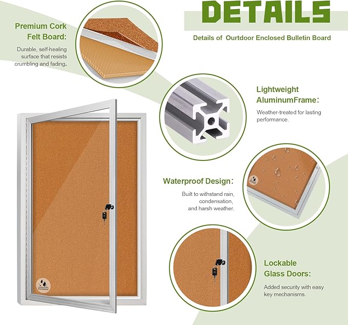 36x24 Inch Lockable Outdoor Enclosed Bulletin Board, Weatherproof Cork Noticeboard with Locking Door, Tamperproof Wall-Mounted Aluminum Frame Notice Poster Memo Board