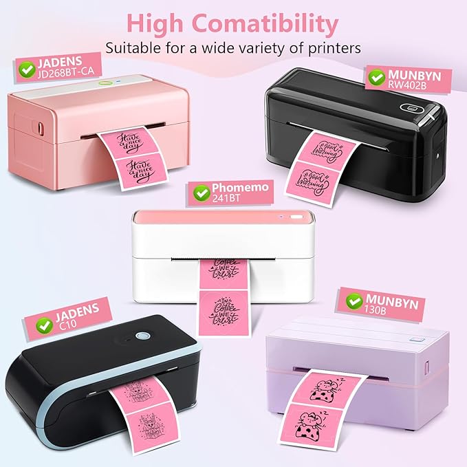 2 Rolls Pink Thermal Labels Personalized & Business Customized Label Stickers for Phomemo 241BT for MUNBYN 130B/RW402B Printers, 600Pcs Waterproof Shipping Label Sheet for Logo/Name/Thanks