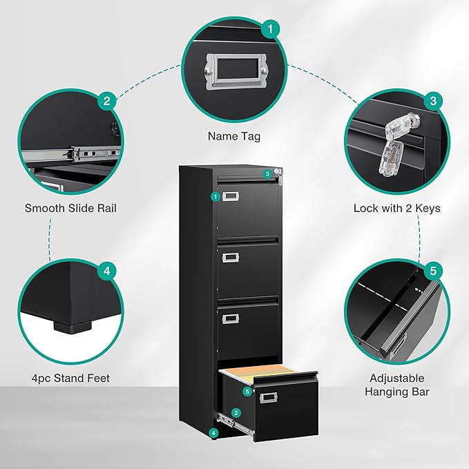 SISESOL 4 Drawer File Cabinet with Lock and Tag,Black Vertical File Cabinet,Narrow Locking Filing Cabinets with Drawers,Metal Filing Storage for Home Office Fit A4 Legal/Letter Size