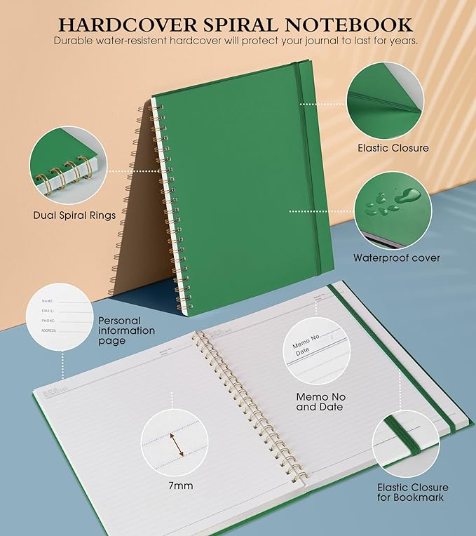 Spiral Notebook Journal 8.5” x 11”, A4 Large Notebooks for Women Men, College Ruled Lined Journal, 100 GSM Paper, Hardcover Spiral Bound Journals for Work School Writing Note Taking Business, Green