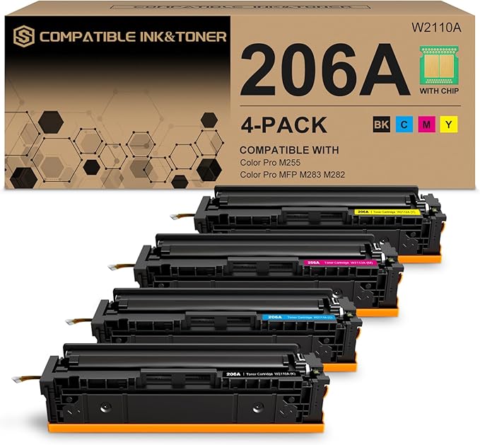 206A Toner Cartridges 4 Pack (with Chip) Works with HP Color Pro MFP M283fdw M283cdw, Pro M255dw M255nw, MFP M282nw M283 M282 M255 Printer | W2110A W2111A W2112A W2113A 206X W2110X