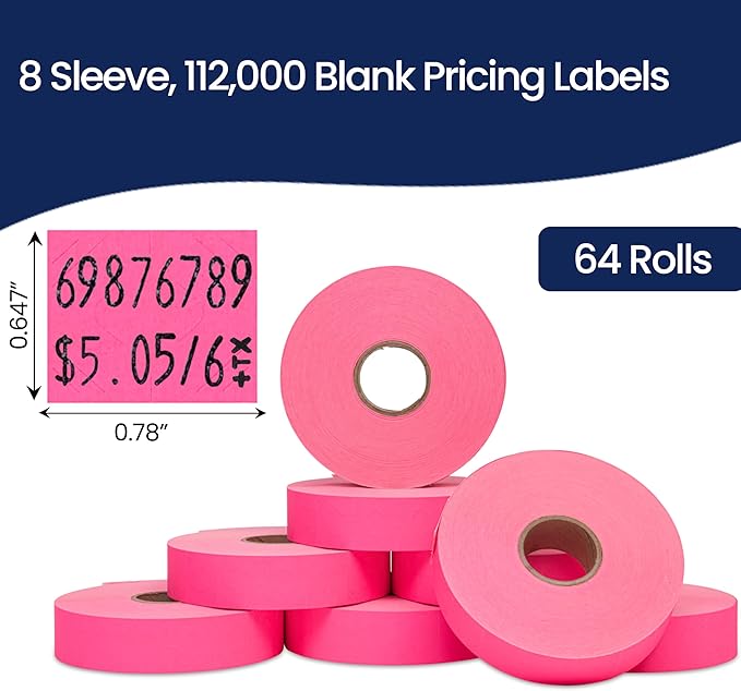 Perco Fluorescent Pink Pricing Labels for Monarch 1136 Price Gun - Case of 8 Sleeves, 112,000 Pricemarking Labels Value Pack