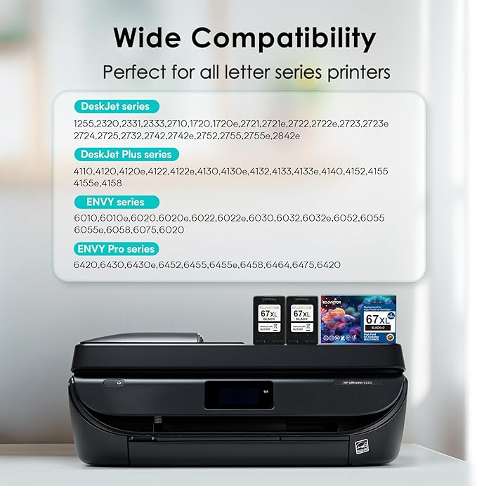 EcoVictor 67XL Black Ink Cartridge Replacement for HP 67 XL (2-Pack) Compatible to HP DeskJet 2755e 2700 2700e 4155e 2752 2755 4100 4100e 2320 Envy 6055e 6000 6000e 6455e 6400 6400e 6458 6052 Printer