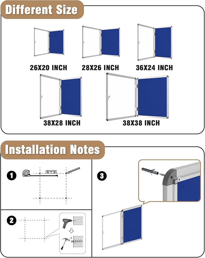 26"x20" Enclosed Bulletin Board, Lockable Weather-Resistant Aluminum Cork Noticeboard for School & Office, Silver Frame w/Blue Flet