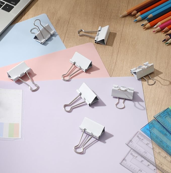 Jetec 200 Pcs 1.25in/32mm White Metal Binder Clips Bulk Medium Reusable Fold Back Binder Clips Paper Clamps Spring Steel Sturdy for Home School Office Supplies