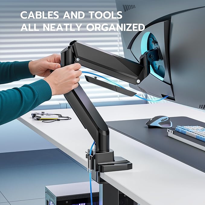 ARES WING Single Monitor Arm, Heavy Duty Adjustable Monitor Arm for 13"-45" Screens with USB, Gas Spring Desk Mount Stand with C Clamp/Grommet Mounting Base up to 40lbs Computer, Black