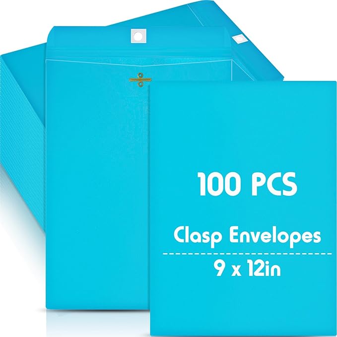 Geyee 100 Pcs Clasp Manilla Envelopes 9 x 12 Inch Gummed Colored Envelopes for Storing or Mailing for Home Office Business Supplies(Lake Blue)