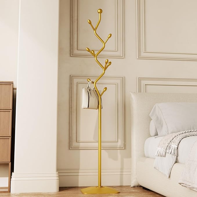 Tree-shaped coat rack stand,Metal coat tree with 8 Hooks and sturdy cast iron base,Heavy Duty coat rack freestanding coat hanger stand for Clothes Hats Scarfs Purses (gold)