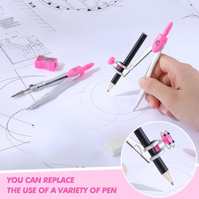 Zonon Math Geometry Set 10 Pcs Student Supplies with Shatterproof Storage Box, Includes Rulers Protractor Compass Pencil Sharpener Lead Refills Eraser Pencil for Drafting and Drawings(Pink)