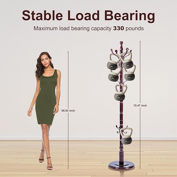 Solid Wood Coat Rack – 72" Freestanding Coat Racks Stand with 14 Hooks & Stable Base, Adjustable Height Modern Wooden Hall Tree for Entryway, Bedroom, Office, Home (Mahogany Lucky Hook)