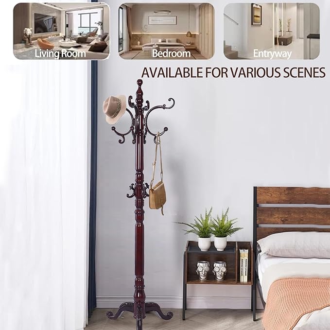 Wooden Coat Racks, Retro 78" Coat Tree with 14 Hooks & Stable Triangular Base, Entryway Coat Rack Freestanding for Hat, Clothes, Scarves, Handbags, Umbrella (Mahogany)