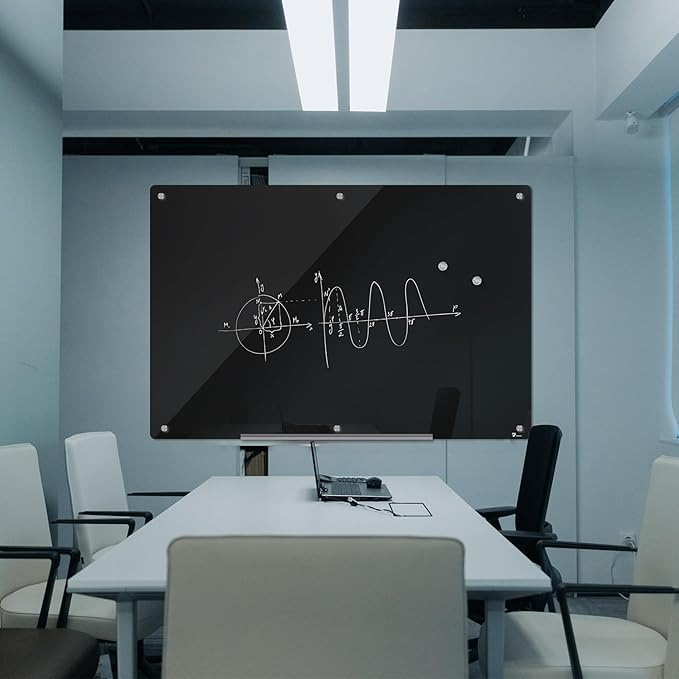 TOWON 6 x 4ft Glass Whiteboard Wall, Black Magnetic White Board Dry Erase 72 x 48 in, Big Glass Dry Erase Board with Multi-Color Markers, Strong Magnets, Pen Tray and Eraser, Frameless
