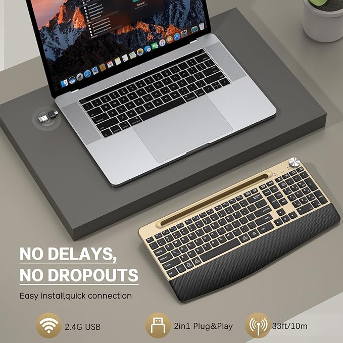 JOYACCESS Ergonomic Wireless Keyboard with Wrist Rest, Phone/Tablet Holder,Windows & Mac OS, 2.4 GHz Wireless, Full-Size,Quiet Keyboard Compatible for Laptop,PC, Mac, Windows -Black Glod