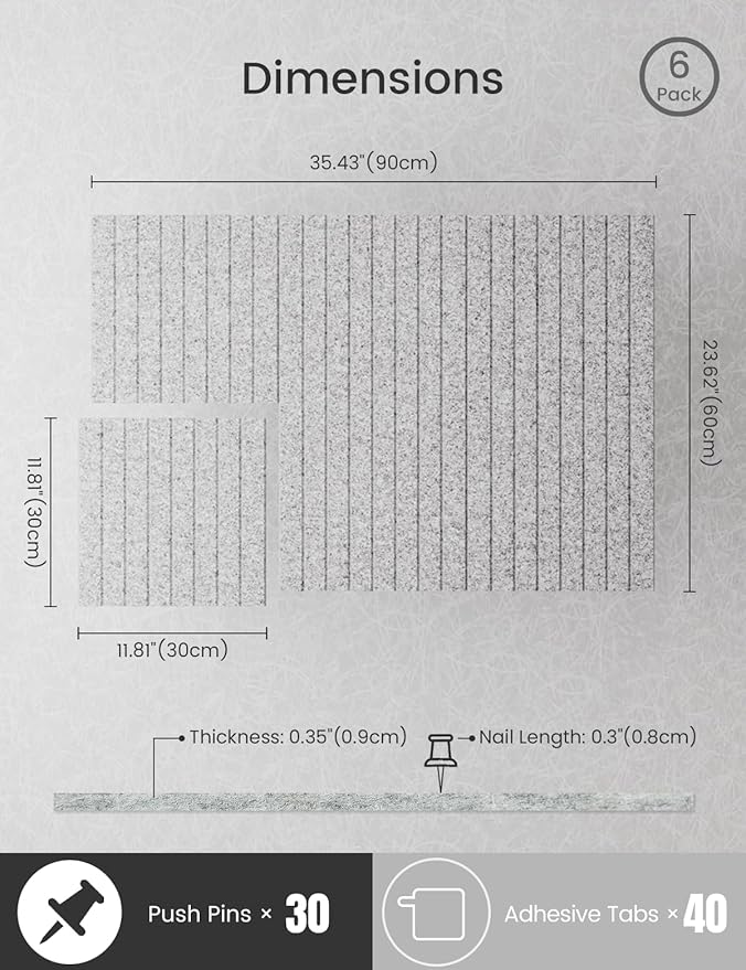 Bumusty Large Cork Board Alternative-36 x24 Felt Bulletin Board Tiles, with 30 Pushpins, 40 Adhesive Tabs, 6-Pack Slat Wall Paneling, Cork Boards for Office Push Pin Board Felt Board-Marble Gray