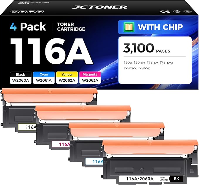 116A Toner Cartridge Set 4-Pack High Yield Replacement for HP 116A W2060A W2061A W2062A W2063A Compatible for HP Color Laser MFP 178nw 178nwg 179fnw 179fwg 150a 150nw Printer Black Cyan Yellow Magenta