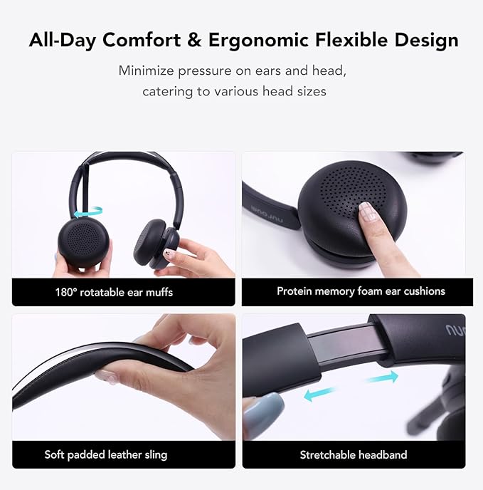 NUROUM Wireless Headset with Mic for Work, Bluetooth Headset with Noise Cancelling Microphone, Mute Button, USB for PC/Computer/Laptop for Zoom/Teams, Office/Call Center/Work from Home HP31DN