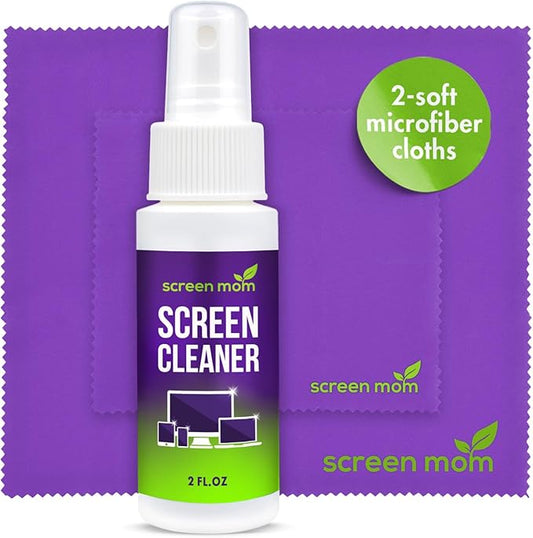 Screen Cleaner Spray and 2 Microfiber Cloths - 2oz Bottle by Screen Mom-Screen Cleaner Spray and Wipe for TV, Computer, Phone, iPad, Car Screen Cleaning Kit Electronic Cleaner Spray