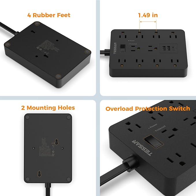 Surge Protector Power Strip Black, TESSAN Flat Plug Extension Cord 10 FT with 10 Widely AC Outlets 3 USB(1 USB C), 1700J Protection Multi Plug Charging Station for Home, Office, College Dorm Room