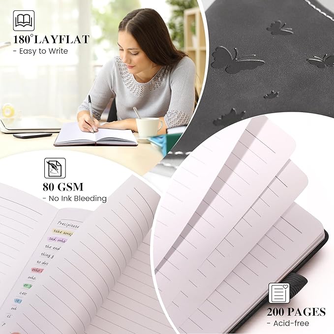 Lined Journal Notebook, A5 Hardcover Leather Journal for Men Women, 200 Pages 100 GSM Thick Paper, Journaling Notebooks for Work School Travel Note Taking, Black