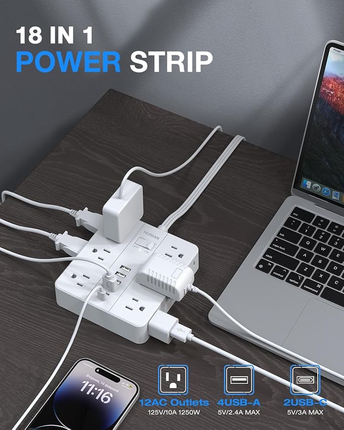 Surge Protector Power Strip 15 Ft Cord, HUNIAN Flat Plug Extension Cord with 12 Widely Spaced Outlets 6 USB Charger (2 USB C Ports), Desk Charging Station for Home Office Supplies, Dorm Room, White