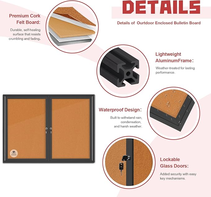 Lockable Outdoor Enclosed Bulletin Board,Weatherproof Cork Noticeboard with Locking Door, Wall-Mounted Aluminum Frame Display Case for Office, Home, School (Black Frame | Cork Surface, 44x32 inch)