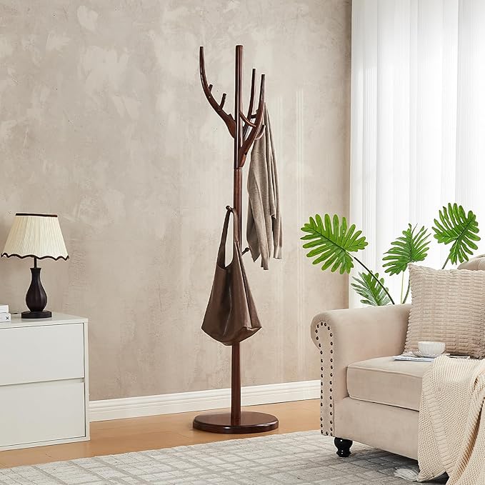 Uniclinens Coat Rack Freestanding Solid Wood Coat Tree Standing with 12 Hooks, Coat Rack Stand Creative Tree Branch-look (Walnut)