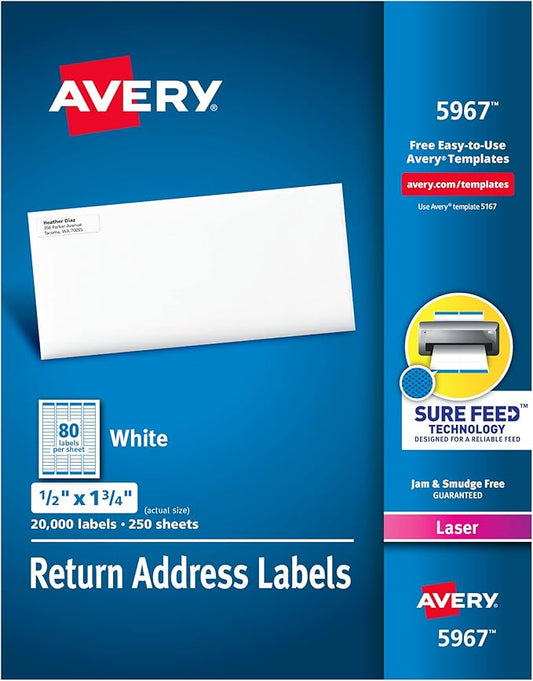 Avery Printable Return Address Labels with Sure Feed, 0.5" x 1.75", White, 20,000 Blank Mailing Labels (05967)
