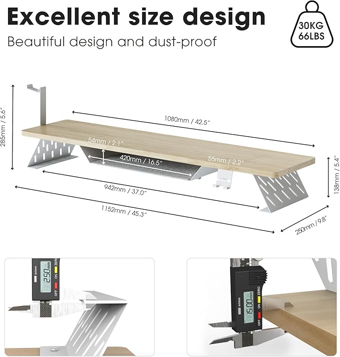 Fenge Dual Monitor Stand, 42.5 Inch Monitor Riser for Desk, Wood Desk Shelf for 2 Monitors, 2 Tier Monitor Shelf with Headphone Stand & Phone Holder