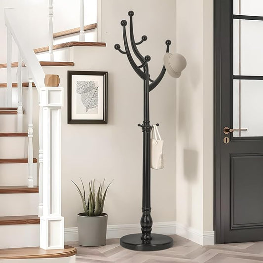 Wood Coat Rack Coat Tree Freestanding with Hooks, Heavy Duty Standing Coat Rack with Solid Round Base, 74” Tree Shaped Coat Hanger Stand for Clothes, Hat, Jacket, Entryway Bedroom, Balck