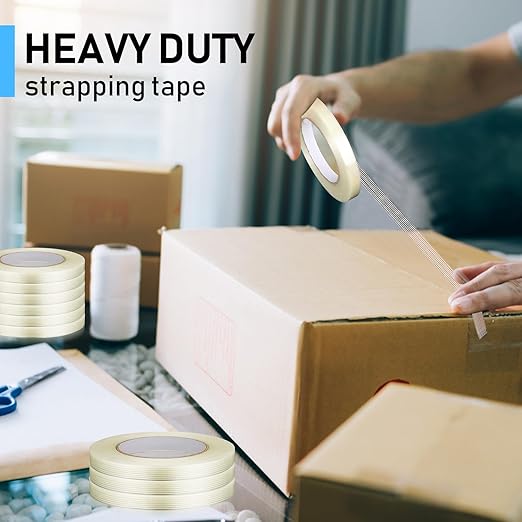 Treela 20 Rolls 1/2 Inch x 60 Yards Filament Strapping Tape Transparent Reinforced Fiberglass 5.5 Mil Heavy Duty Packing Shipping Tape for Sealing Binding Fixing